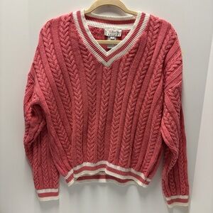 Talbots V-Neck Cable Knit Sweater - Pink and White
